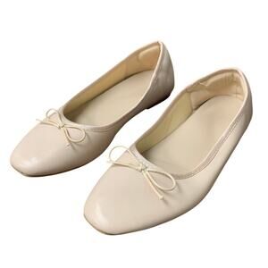 Afeetsing Womens 6 Beige Round Toe Ballet Flats Comfortable Bow Dressy Shoes